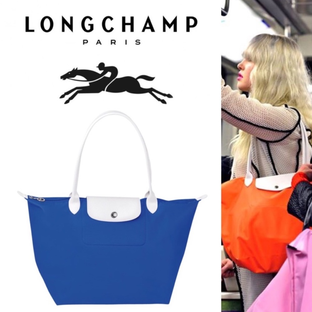 Longchamp Sarah Morris Le Pliage Large Tote Bag in white and blue